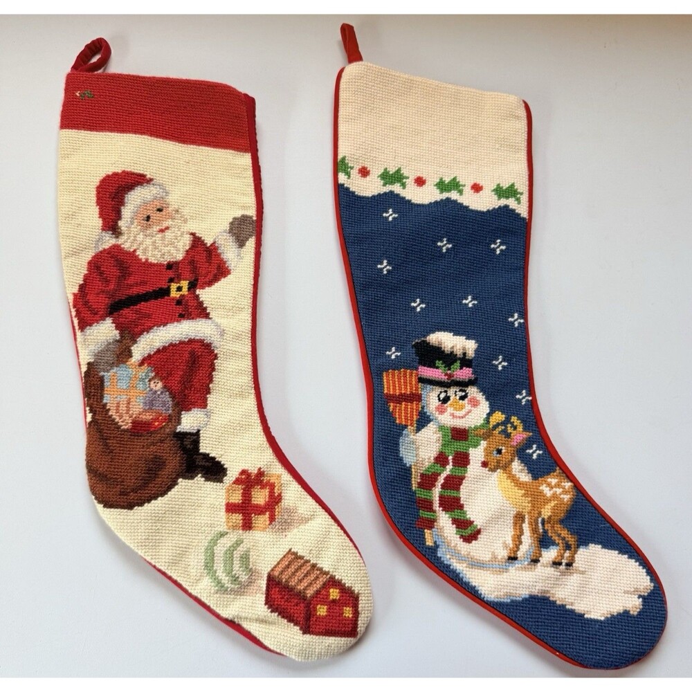 2 VTG Needlepoint Wool Christmas Stockings Snowman Santa Imperial Elegance 1991